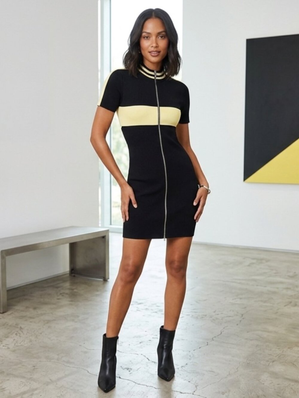 Black Cream Zip Front Bodycon Dress - Picture 5 of 6